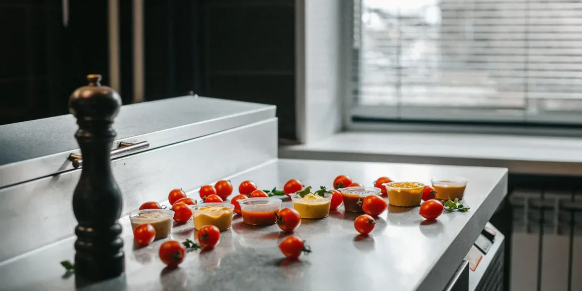 Auf einer Küchenarbeitsfläche stehen mehrere kleine Schalen mit unterschiedlich gefärbten Saucen, umgeben von Kirschtomaten und Kräutern, daneben befindet sich eine schwarze Pfeffermühle.
