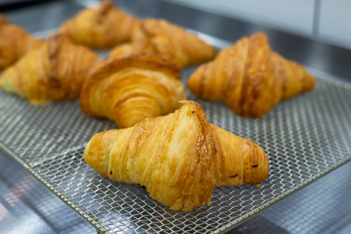 Frisch gebackene Croissants auf einem Abkühlgitter