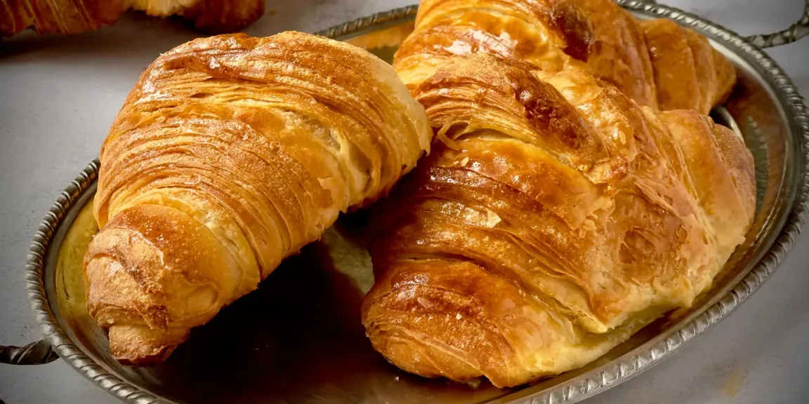 Auf einem silbernen Serviertablett liegen mehrere goldbraun gebackene Croissants auf einer Küchenoberfläche.