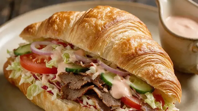 Ein aufgeschnittenes Croissant, gefüllt mit Dönerfleisch, Tomate, Gurke, roten Zwiebeln, Krautsalat und rosa Soße, auf einem hellen Teller; daneben steht ein Kännchen mit Soße.