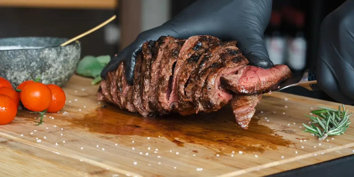 Auf einem Holzbrett schneidet eine behandschuhte Person ein gebratenes, innen rosafarbenes Stück Fleisch, daneben liegen Tomaten, Rosmarin, grobes Salz und ein Mörser.